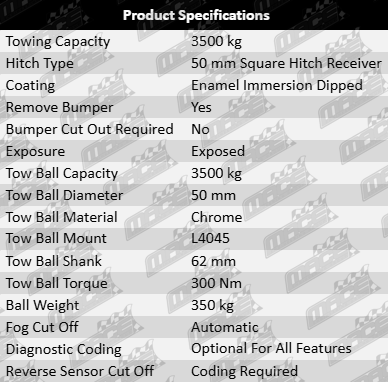 TAG heavy-duty 1-piece towbar and Brink wiring kit for Ford Ranger PX2 / PX3 P4AT YN2S 2.0L 2.2L I4 twin turbo diesel