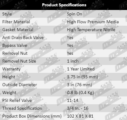 Oil-Filter-Camry-OF649-Specification-Table