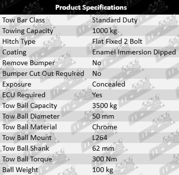 TAG Standard Duty Tow Bar for Mitsubishi Lancer CF CG CH CJ CT CY 4B11 4B12 4B11-TC Turbo 2.0L 2.4L I4 (2011 Onwards)