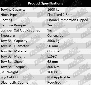 TAG Standard Duty Tow Bar and Wiring Kit for Holden Commodore VF L77 LS3 6.0L 6.2L V8 Sedan