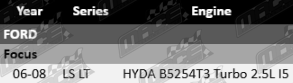 Vehicle fitment diagram for Ultima front wheel bearing kit – Ford Focus with HYDA and B5254T3 Turbo I5 engines