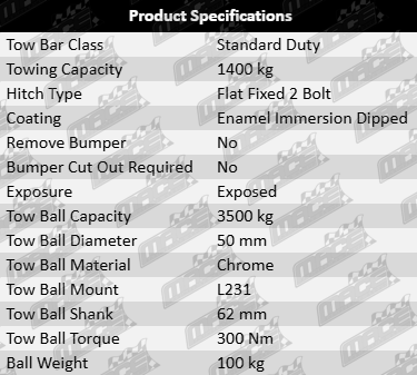 TAG Standard Duty Tow Bar for Toyota 1KD-FTV, 2KD-FTV, 1GD-FTV, 2TR-FE, 2GD-FTV, 2.4L, 2.5L, 2.7L, 2.8L, 3.0L I4 Engines